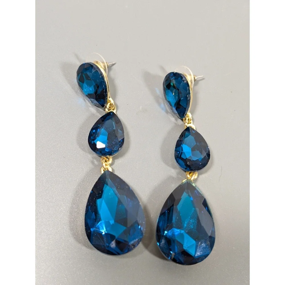 Blue Rhinestone Facet Teardrop‎ Dangle Earrings Evening Glam Chic Runway